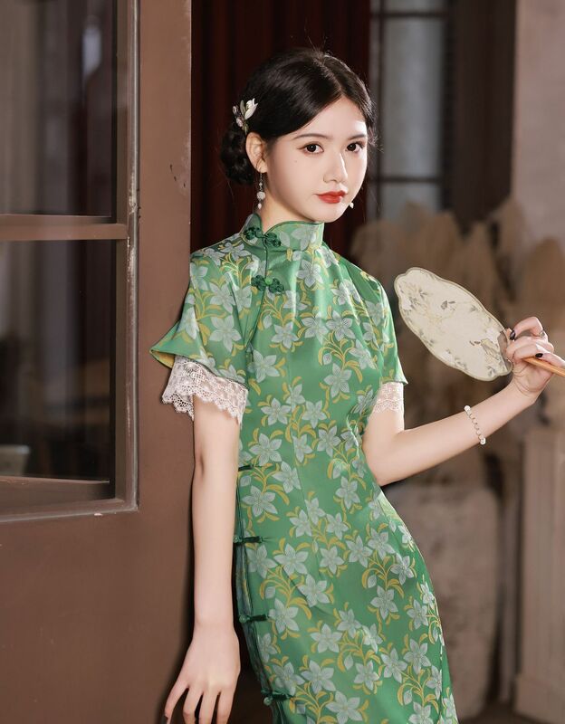 Chinês nacional manga curta sexy longo alta split qipao vintage verde floral impressão cheongsam