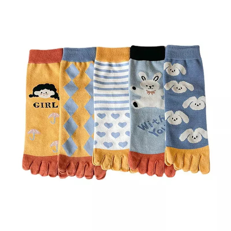 Five Fingers Women Socks Animals Cartoon Print Japanese Kawaii Cute Socks Casual Plaid Harajuku Floral Retro Vintage Socks Women