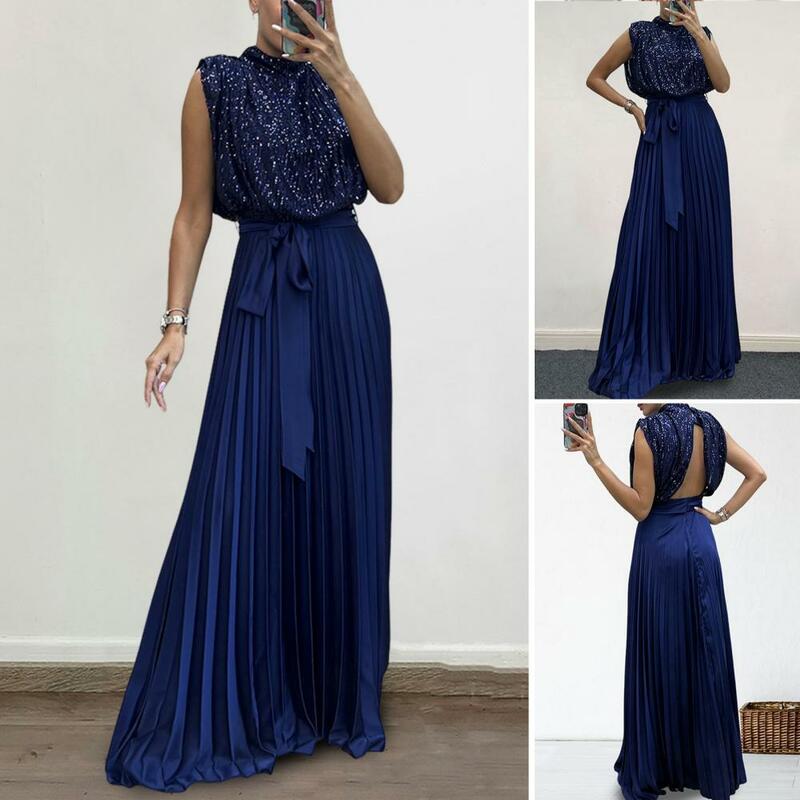 Evening Dress Elegant Sequin Maxi Dress Lace-up Design Flattering Tight Waist Exquisite Pleated Stand Collar for Proms Evening