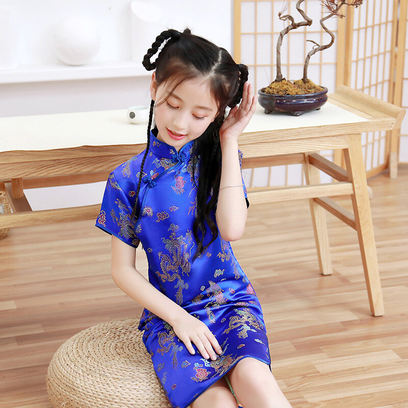Summer Children Cheongsam Dragon Phoenix Embroidery Qipao Princess Dress Chinese Style Dresses New Year Qipao Gift Tang Clothes