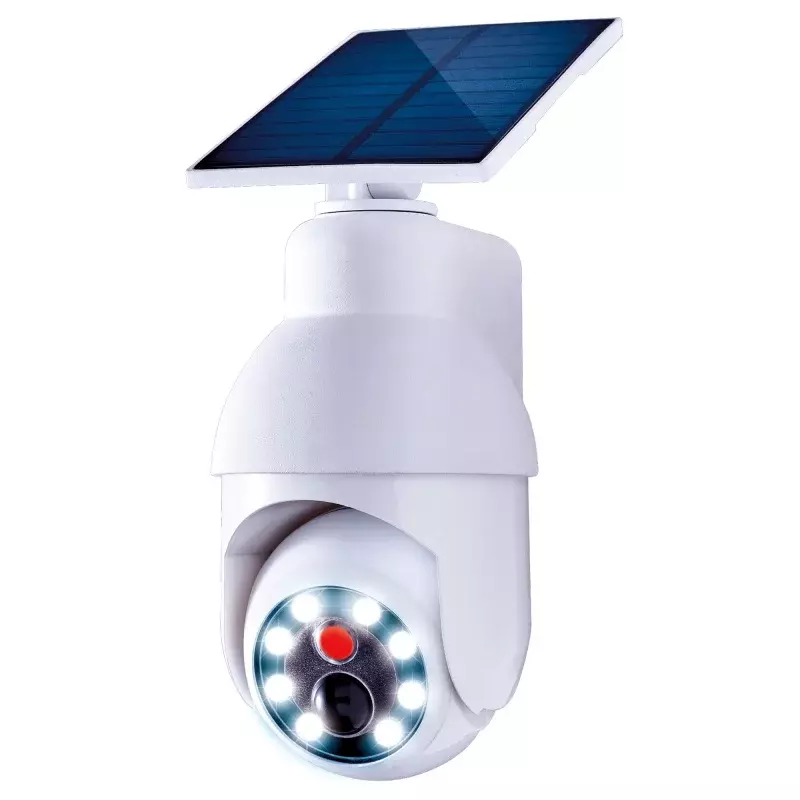 Práctica luz LED Brite de seguridad Solar 360 que se parece a una cámara con un haz de extensión de 120 grados.