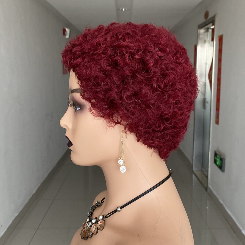 Tanie fryzura Pixie krótkie kręcone ludzkie włosy peruka dla czarnych kobiet włosy brazylijskie Remy kolorowe ludzkie Hiar peruka Afro loków krótkie peruka z ludzkich włosów