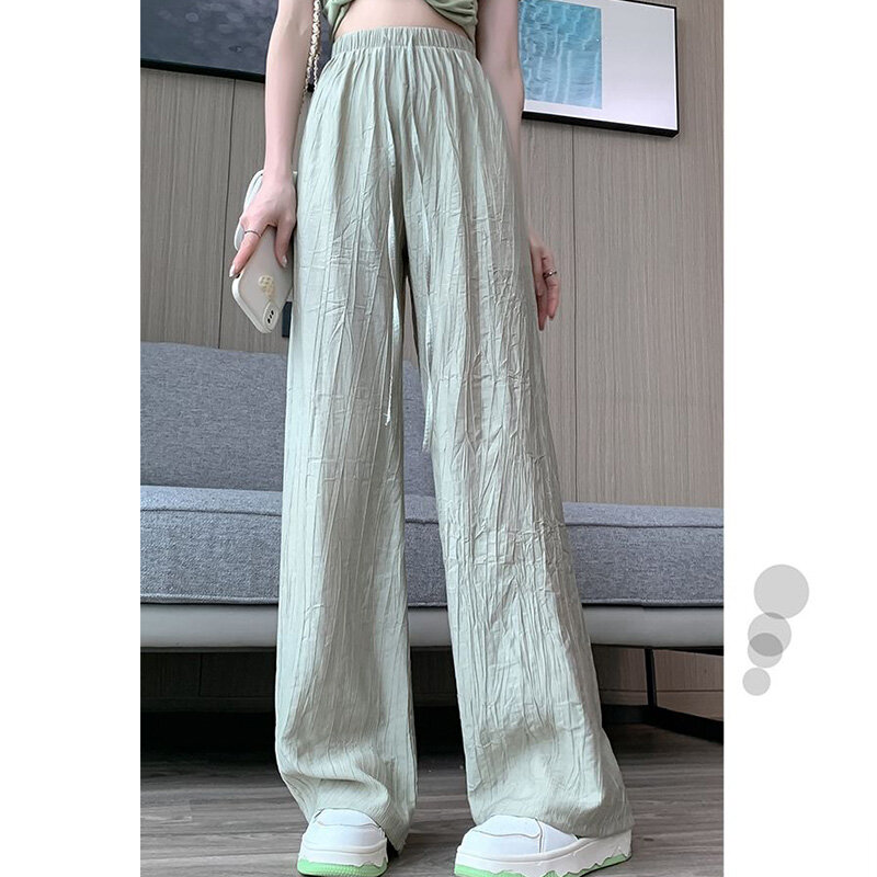 Trendy Pleated Ice Silk Wide Leg Pants for Women Summer Thin Casual Drawstring High Waisted Drape Loose Straight Trousers
