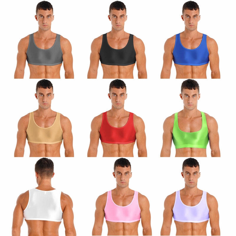 Mens Glossy Cropped Tank Top Solid Color Sleeveless Vest Tops Sports Gymnastics Workout Yoga Fitness Tops Swimwear Nightwear