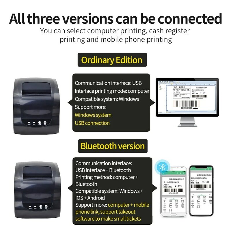 Imprimante d'étiquettes thermiques Bluetooth et USB, imprimante d'autocollants de codes-barres, 365B, ino 0B, 330B, LAN, 80mm, 20mm-80mm, Nouveau