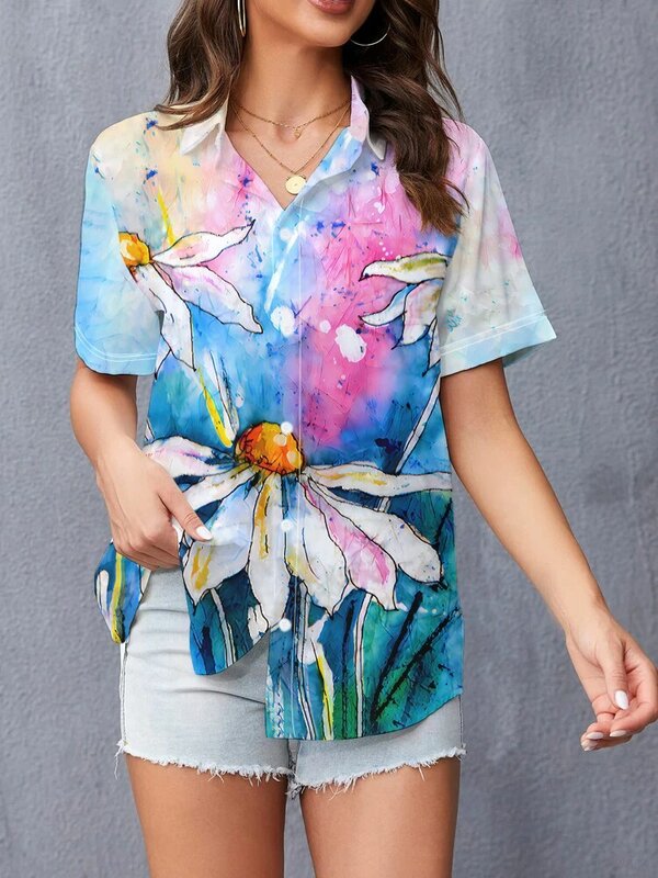 Camisa feminina de lapela de manga curta com flores brilhantes, camisa estampada digital 3D, top casual solto na moda, verão