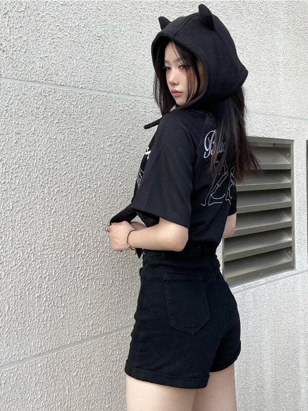 Deeptown Y2k Vintage Bluse Frauen Harajuku Kpop übergroße Crop Tops Grunge Schädel unregelmäßige Kurzarm hemden Gothic Streetwear