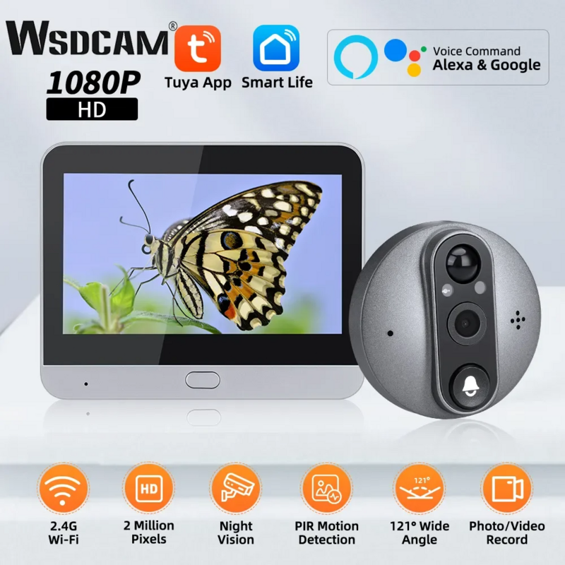 WSDCapture d'écran numérique Tuya Smart Door Peepholes, sonnette avec caméra WiFi, interphone vidéo grand angle 121 °, détection de mouvement Mirilla PIR
