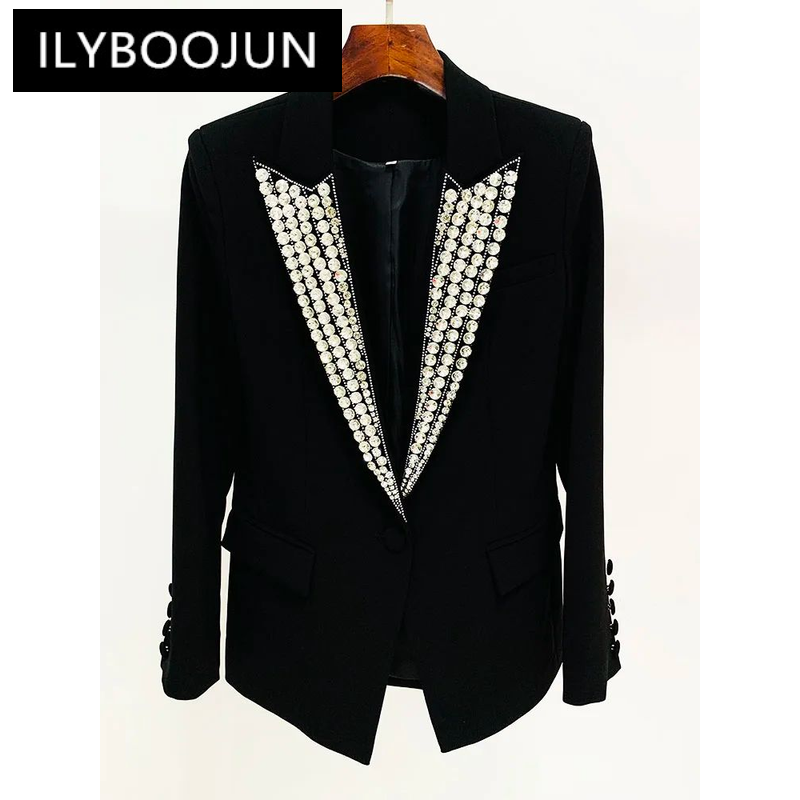 ILYBOOJUN-blazer feminino com strass e contas, diamantes e strass, blazer com botão único, jaqueta de grife, moda mais nova, 2024