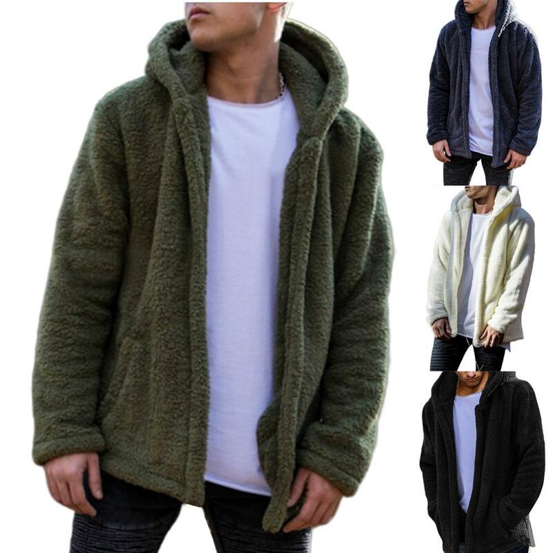 Jaket musim dingin kasual pria, jaket berkerudung hangat bulu domba longgar ukuran besar bersaku lengan panjang untuk lelaki