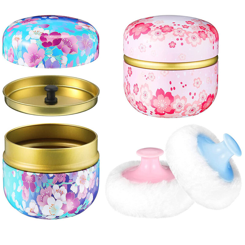 Body Powder Puff and Container,  Powder Puff Soft Powder Puffs and  Spoon Loose Powder Tea Container Case Dusting Powder Boxes