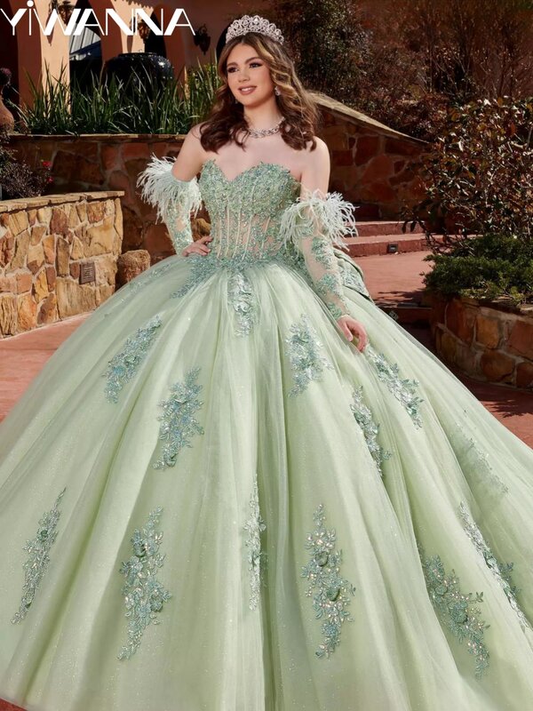 Glitzer Pailletten Applikationen Quince anrra Ballkleider abnehmbare Ärmel Prinzessin lange grüne elegante Schleife süße 16 Kleid Vestidos