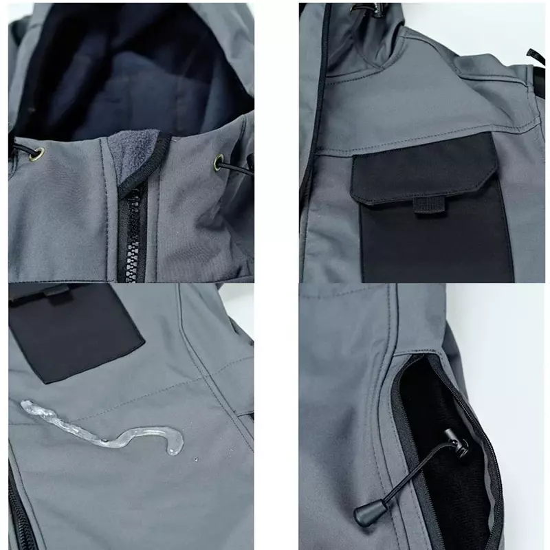 Waterproof Soft Shell Jackets Men Outdoor Shark Skin Multi-pocket Hooded Jacket Autumn Winter Wear-resistant Training Cargo Coat
