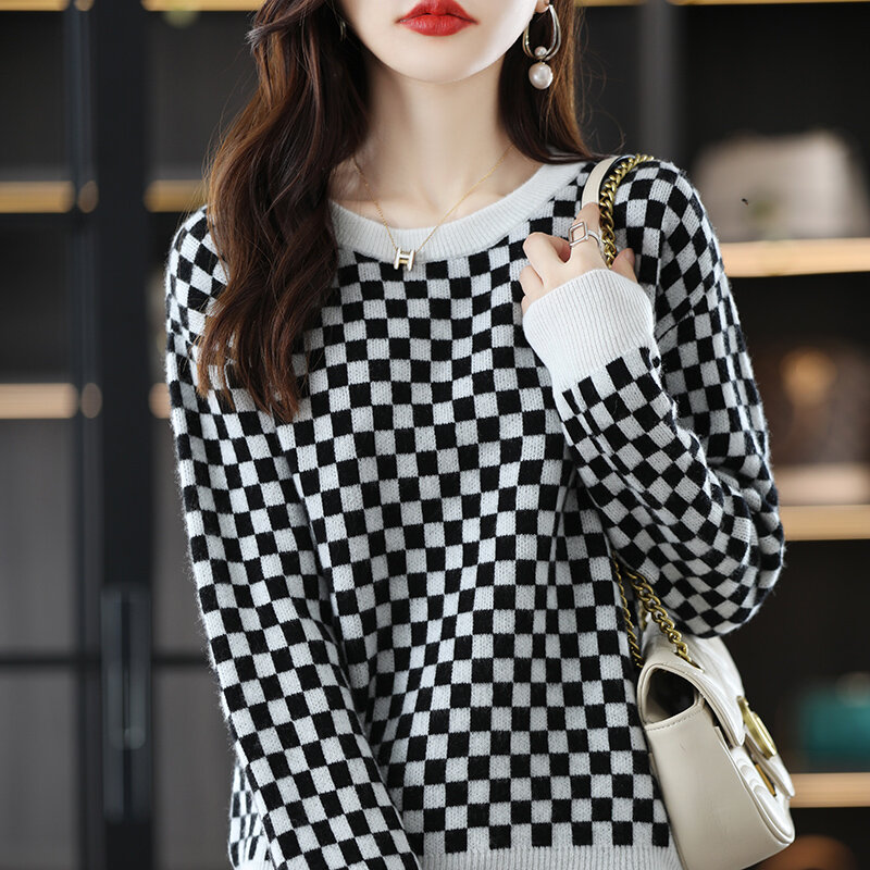 Outono inverno malha camisola feminina de alta qualidade pulôver em torno do pescoço solto xadrez pura lã chique costura camisa de fundo