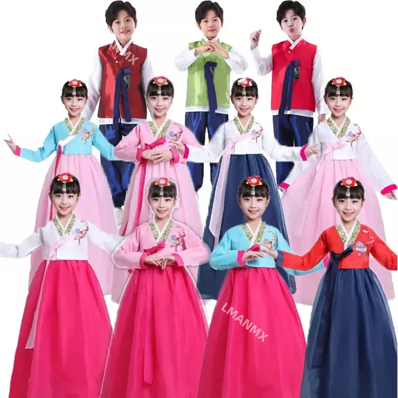 Traje de dança coreana hanbok infantil, performance de minorias étnicas, vestido nacional hanbok para homens e mulheres, vestido infantil