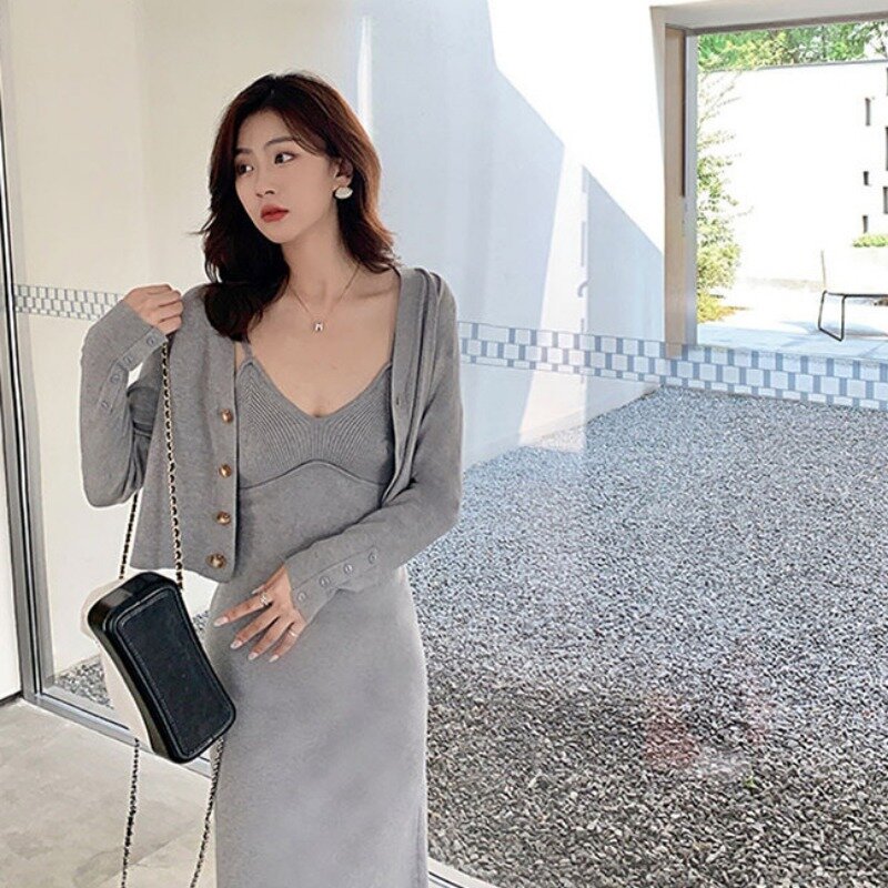 Solid Cardigans Dresses Women Sets Sexy Club Streetwear Spaghetti Strap Fashion Knitting French Style Two Pieces Set Autumn New