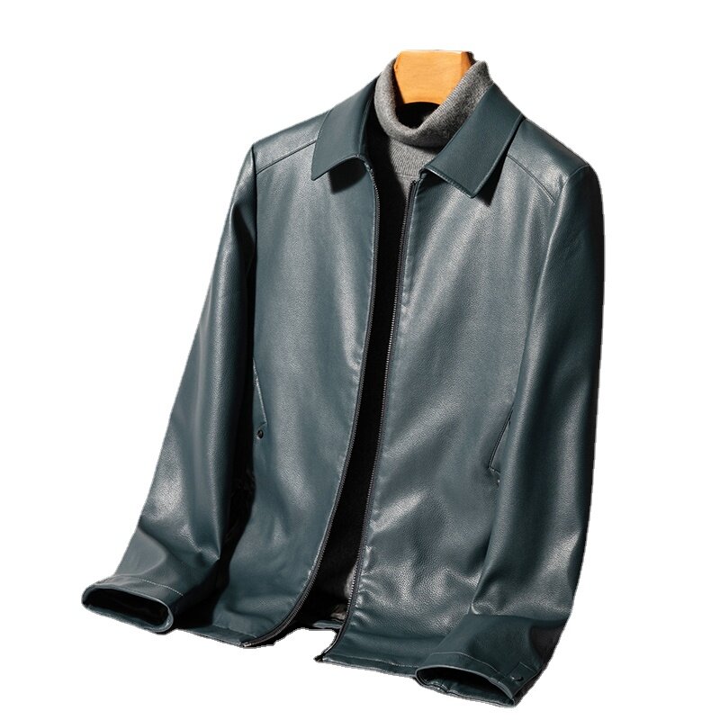 Jaqueta de couro high-end masculina, lapela, casual, tendência, quente, coreana, inverno