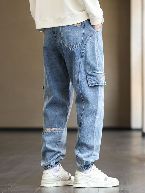 Plus Size Men's Cargo Jogger Jeans Hip Hop Streetwear Fake Pockets Stretched Cotton Casual Denim Pants Baggy Jean Trousers 8XL