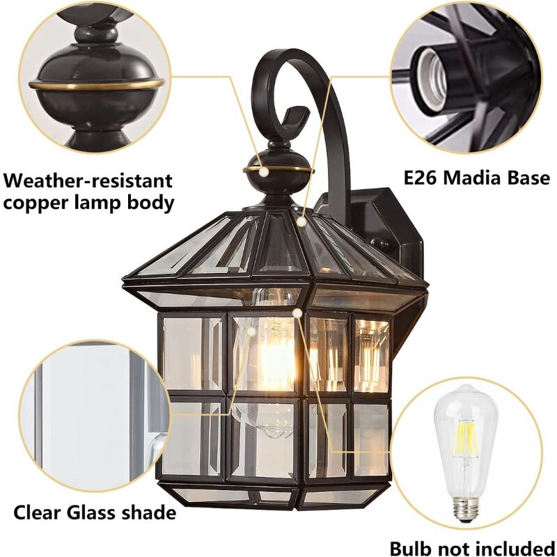 透明なガラス、防錆ライト、防水、銅、ブロンズ、13.4 "hの屋外壁掛けランプ