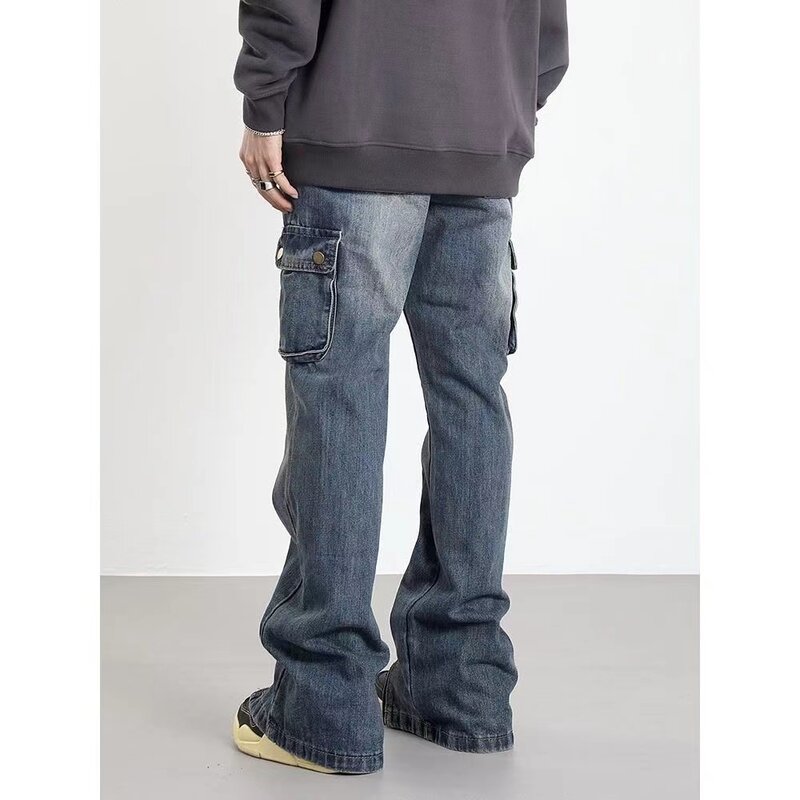 Retro Pocket Zipper Jeans Wide Leg Pants Mwomen Baggy Denim Straight Trouser Casual High Street Streetwear Fashion Cowboy Pants