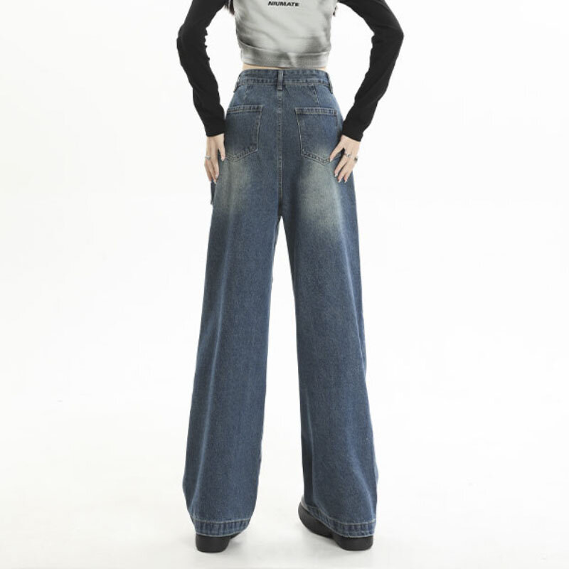 بنطلون جينز فضفاض بخصر عالٍ للسيدات مع جيوب ، بنطلون بأرجل واسعة ، ملابس هاراجوكو جرونج ، بنطلون Y2k ، موضة