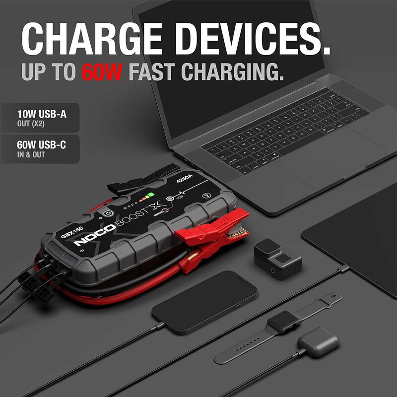NOCO Boost X GBX155 4250A 12V UltraSafe przenośne urządzenie do awaryjnego uruchamiania litowe, akumulator samochodowy akumulator wspomagający, ładujący Powerbank USB-C