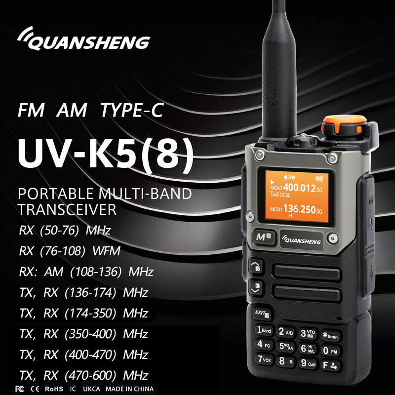 Quansheng-Portátil UV K5 8 Walkie Talkie, Estação Comutadora de Rádio em Dois Sentidos, Amador Ham, Conjunto sem fio, Receptor de Longo Alcance, AM, FM