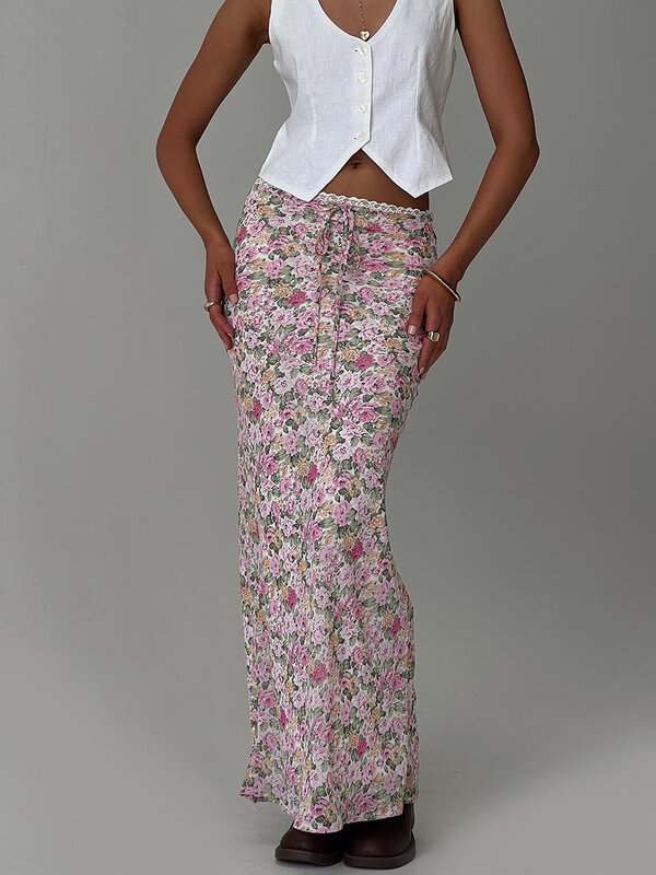 Women Y2k Floral Print Long Skirt A-line Boho Vintage Bodycon Pencil Skirt  Fit Streetwear