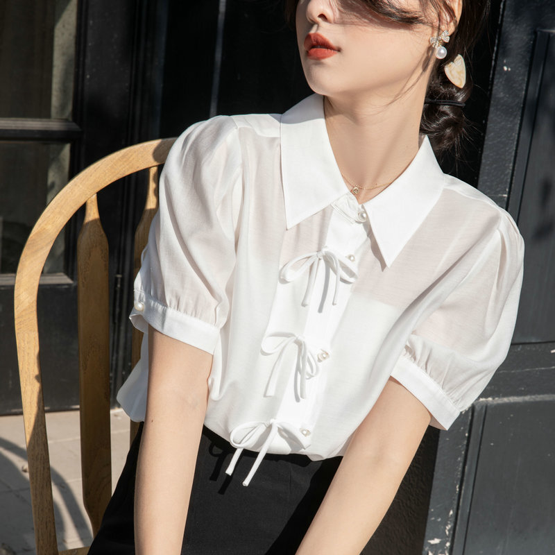 Camisa de ácido acético estilo chinês feminino, boca em chapa, manga curta, top monocromático, roupa feminina, verão, novo, 2024