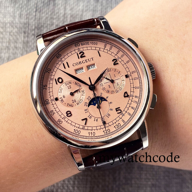 Corgeut – montre-bracelet multifonction automatique pour hommes, 42mm, rose/bleu/blanc/noir, poli, affichage de la Date, de la semaine, du mois et de l'année, bracelet en cuir