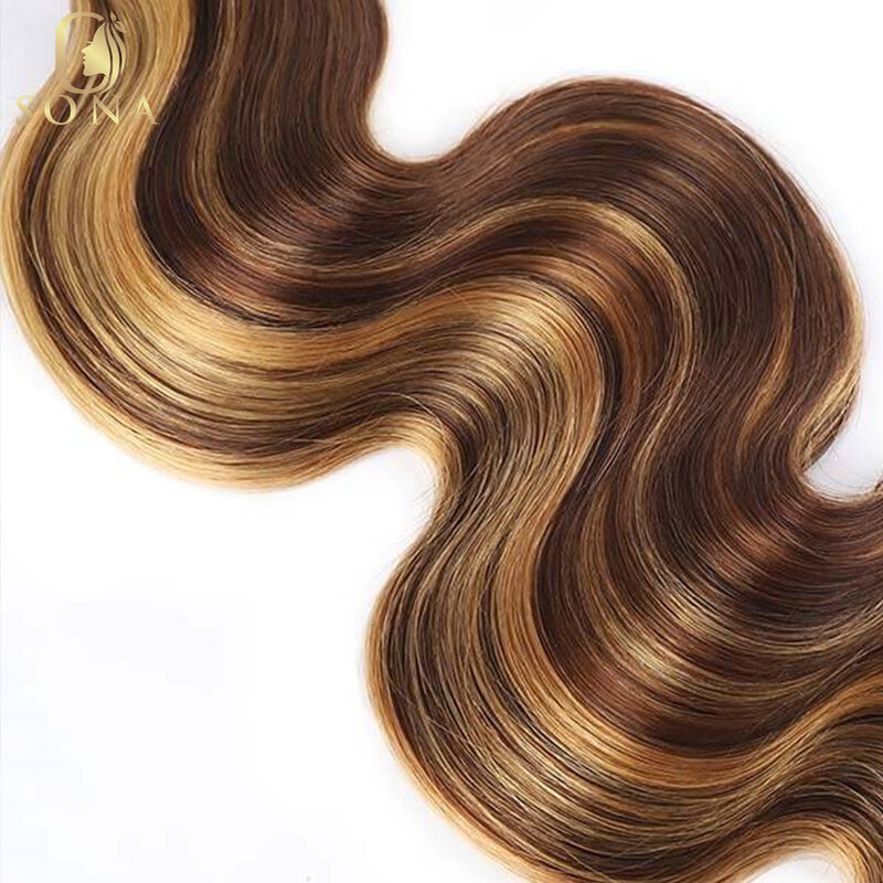Mechones de cabello humano rubio miel con cierre Frontal de encaje 13x4, cabello brasileño ondulado, tejido de Color P4/27, 3/4 mechones