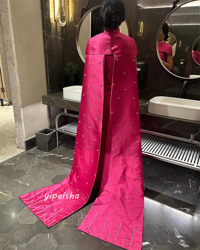 Yipeisha Formal Modern Style  Evening High Collar A-line Beading Floor-Length Satin Bespoke Occasion Dresses