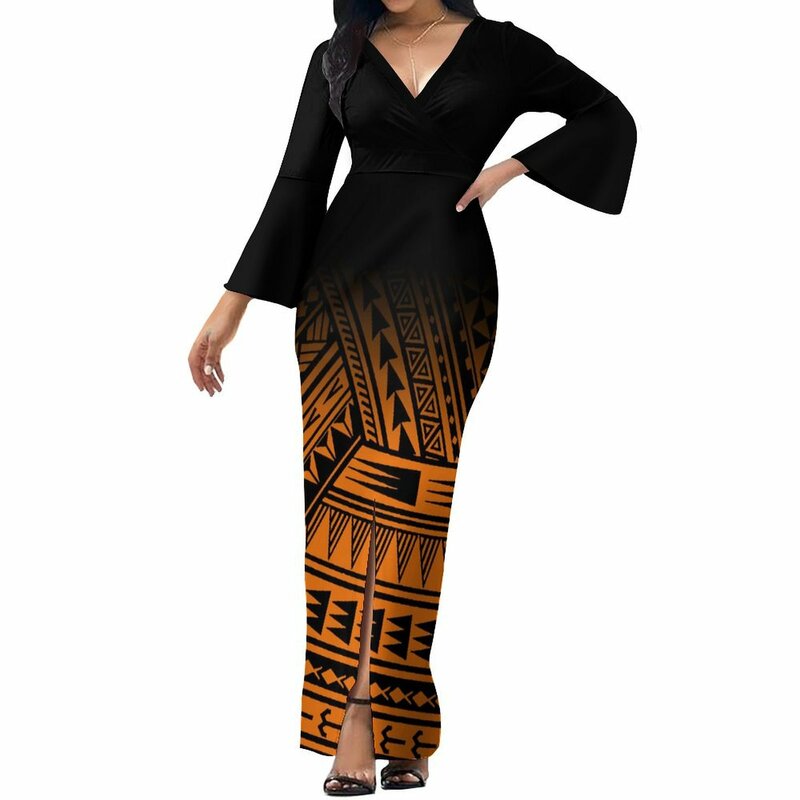 فستان نسائي طويل بقصة ضيقة ، تصميم قبلي ساموان ، مخصص ، طباعة قبلية ، مأدبة ، ملابس رائعة ، جزر فيجي