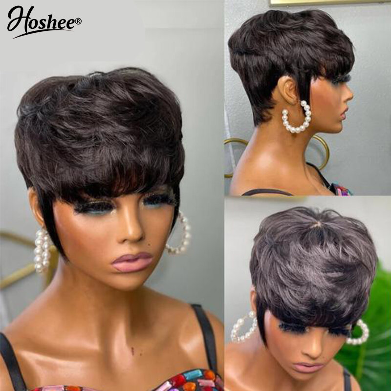 Perruques de cheveux humains Bob Pixie Cut, Highlight Colored Short, Glueless Wear and Go Brown, Black, 99j Red, Video TurnFull, Machine Made