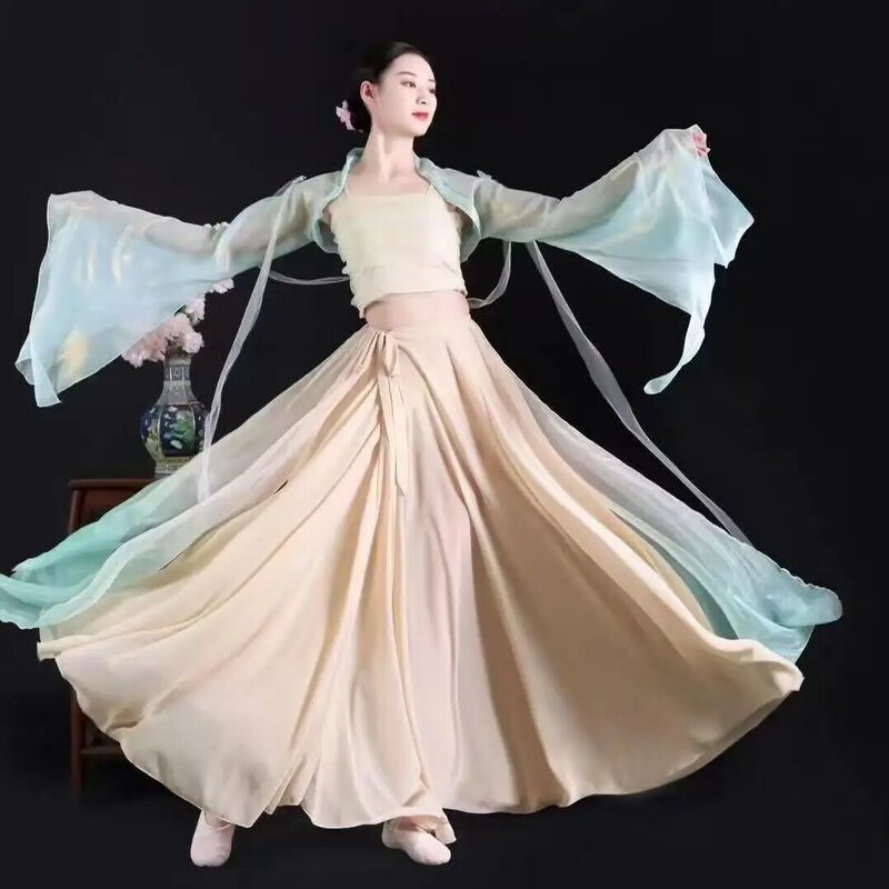 Vestido de dança tradicional chinesa, estilo solto, elegante, clássico, treinamento, hanfu, traje de qipao, 3 peças