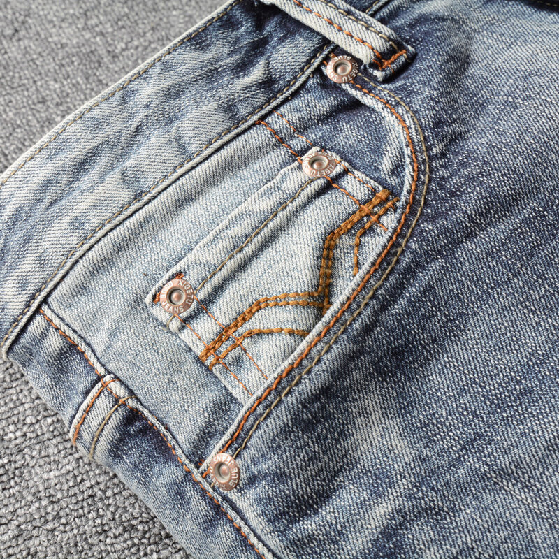 Jeans Pria Fashion Gaya Italia Celana Panjang Pria Jeans Sobek Pas Badan Elastis Biru Abu-abu Retro Celana Denim Desainer Antik Hombre