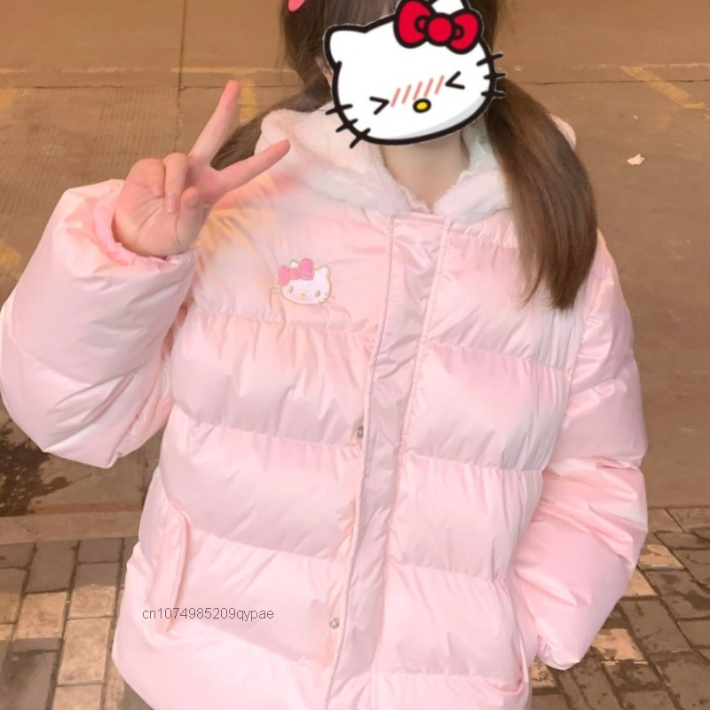 Abrigo de algodón engrosado Kawaii Sanrio para mujer, ropa de pan bordada de Hello Kitty, Parkas de niña dulce Y2k, Top de dibujos animados lindo, versátil