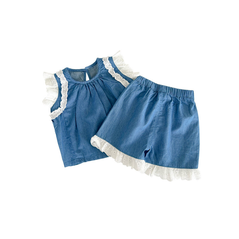 Conjunto de roupas jeans para bebês, colete fino de manga voadora, shorts de renda, roupas infantis, coreano, verão, 2 peças, 2024