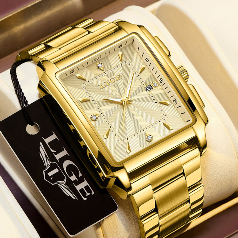 Relogio Masculino jam tangan pria, arloji persegi emas Quartz Stainless Steel tahan air