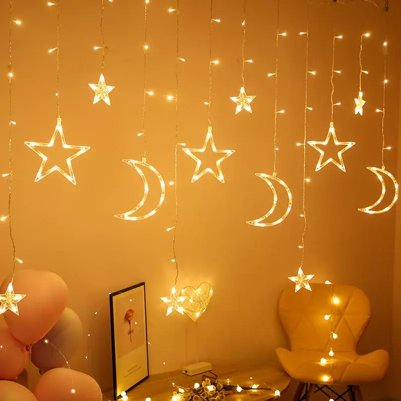 3.5M LED Garland Curtain Lights String Star Moon Fairy Star Christmas Romantic Holiday Lamps for Garden Party Wedding Decoration
