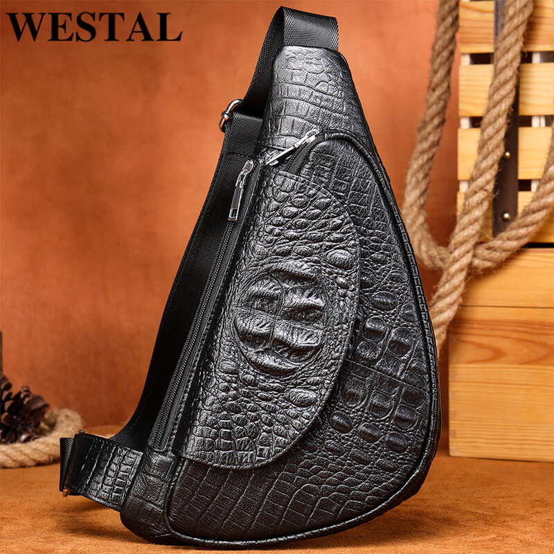 Westal-Men's Couro Genuíno Sling Bag, Bolsas de Ombro, Crossbody Saco Peito, Viagem Ao Ar Livre, Croco Moda Designer, 698