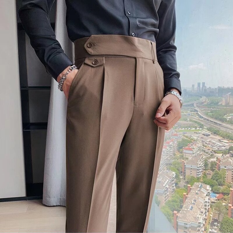 British Style Business Casual Suit Pants Men Fashion Slim Fit Solid Color Straight Leg Pants High Waisted Office Social Trousers