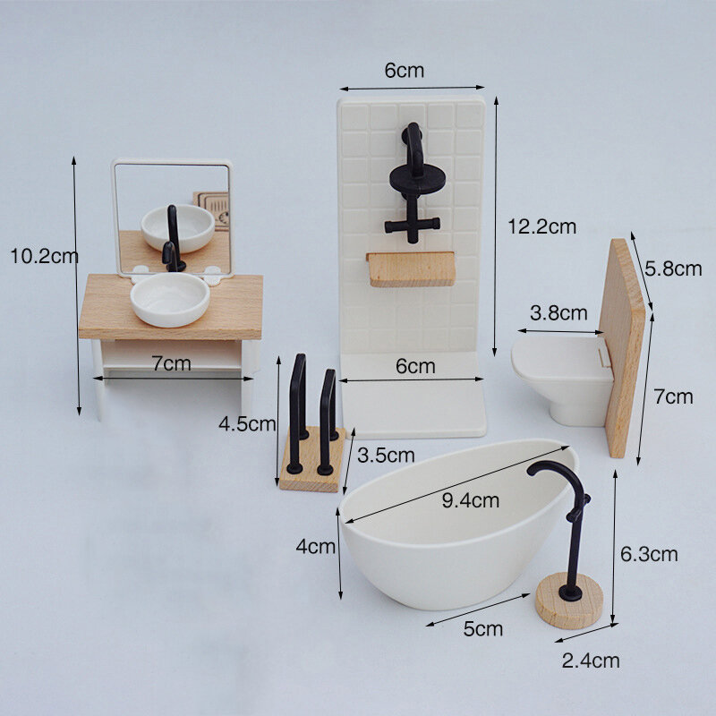 Lavabo de simulación para baño, bañera, inodoro y ducha, modelo de muebles de casa de muñecas a escala 1/12 y 1/6, accesorios en miniatura