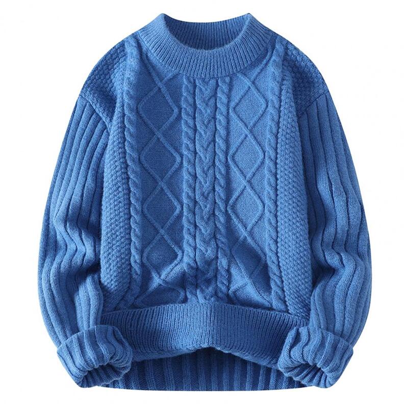 Suéter de malha grossa masculino, gola redonda, resistente anti-pilling, cor sólida, tops elásticos torcido, aconchegante, macio, elegante, inverno