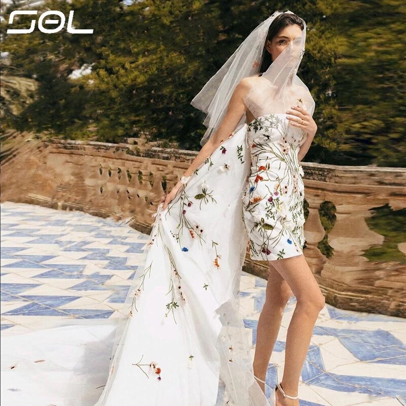 SOL-Elegante Destacável Vestidos De Noiva, Trem Longo, Sem Alças, 3D Floral Back Up, Vestidos de casamento, Sexy Vestidos Boho