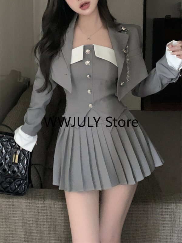 2023 Autumn Preppy Style Pleated Casual A-line Skirt Women + Irregular Patchwork Slim Camisole + Jacket Three-piece Suit Female