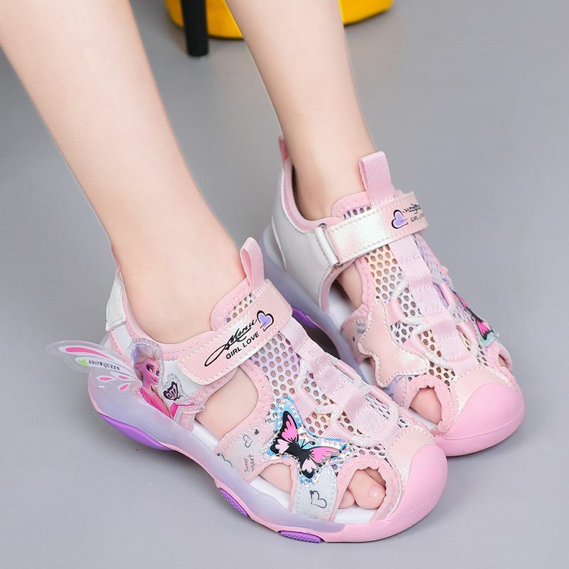 Scarpe Casual da ragazza Disney sandali Baotou Led Light Summer Style suole morbide antiscivolo rosa viola Mesh scarpe per bambini taglia 23-36