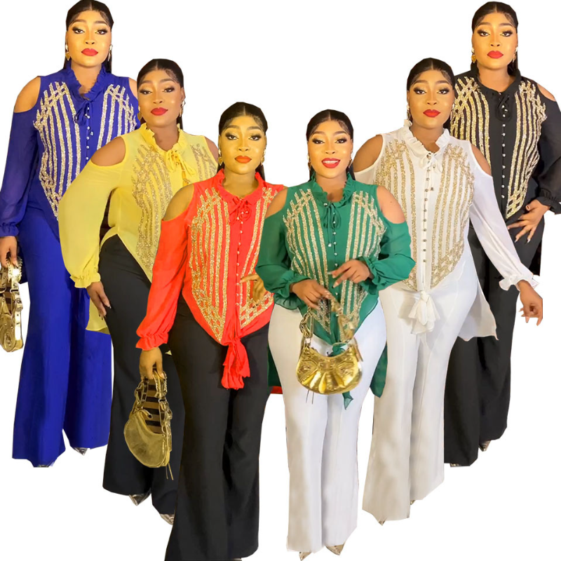 エレガントな女性のアフリカの服,長袖,ブルー,イエロー,レッド,ホワイト,トップ,ロングパンツ,お揃いのセット,サマー,2個