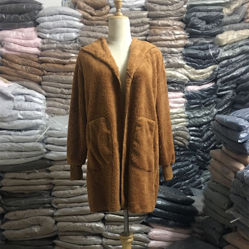 Casaco de pele sintética com bolso feminino, jaqueta de pelúcia longa, cardigã de ponto aberto, outwear macio e quente, outono e inverno, 2023