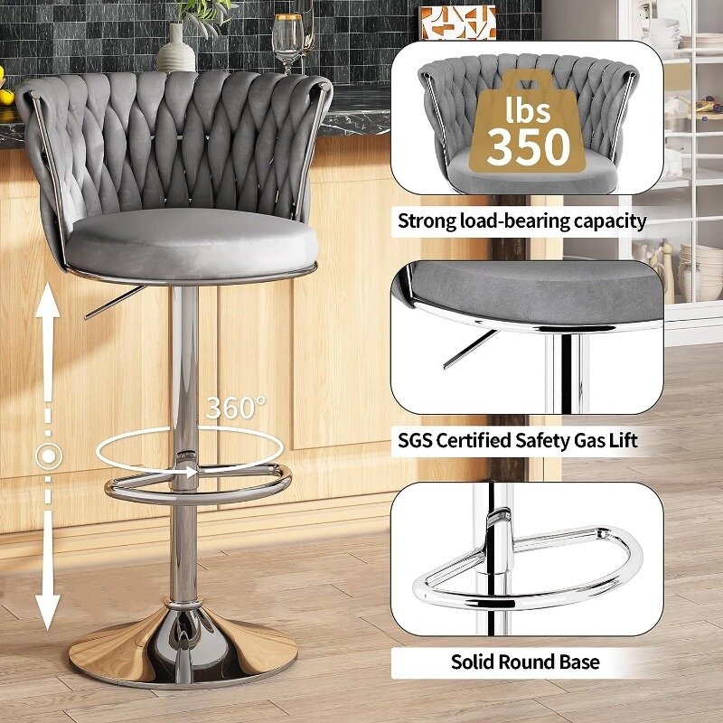 Samt Barhocker 2er-Set, verstellbare Küchen insel Stühle, drehbare Barhocker, gepolsterte arm lose Stühle mit Rückenlehne und Fuß stütze